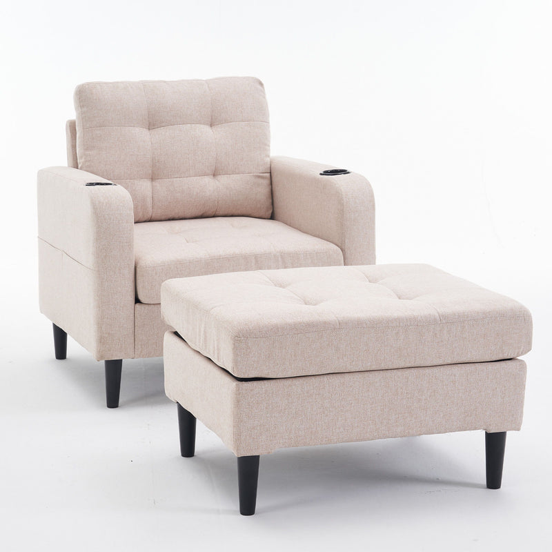 Beige Upholstered Armchair And Storage Ottoman Set, Comfortable Single Sofa With Cup Holders And Tufted Detailing, Ideal For Living Room Or Bedroom - Beige