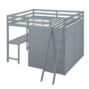 Full Size Loft Bed with Wardrobe and Desk and Shelves, Gray
