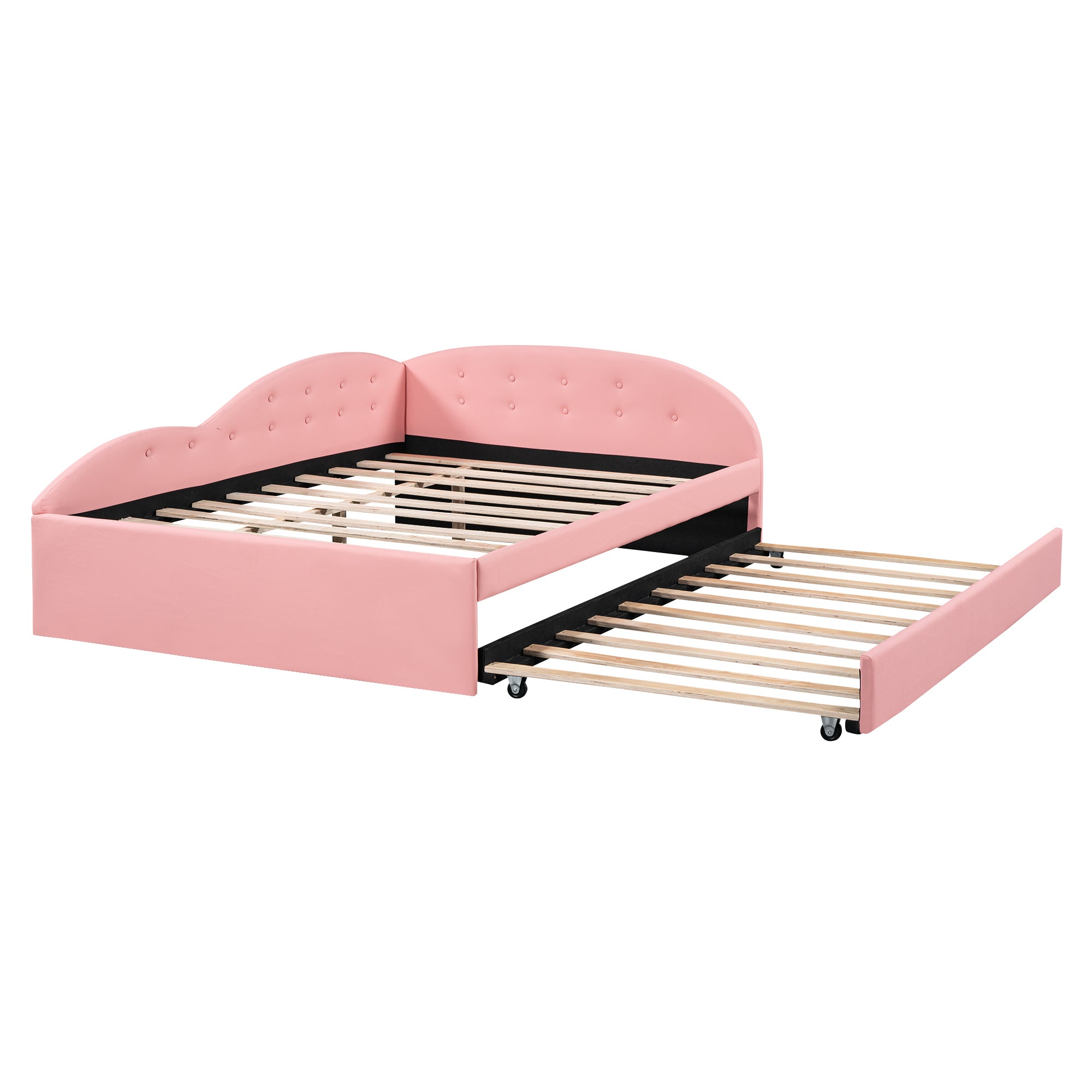 Full Size PU Upholstered Tufted Daybed with Trundle and Cloud Shaped Guardrail, Pink - Atlantic Fine Furniture Melbourne FL