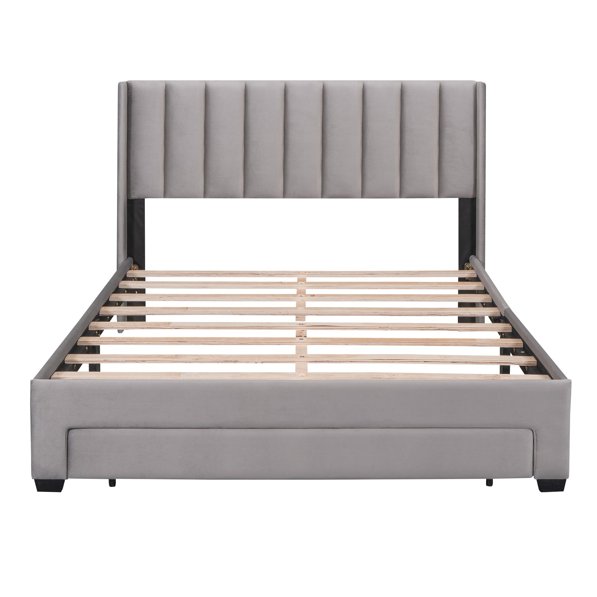 Queen Size Storage Bed Velvet Upholstered Platform Bed with a Big Drawer - Gray - Atlantic Fine Furniture Melbourne FL