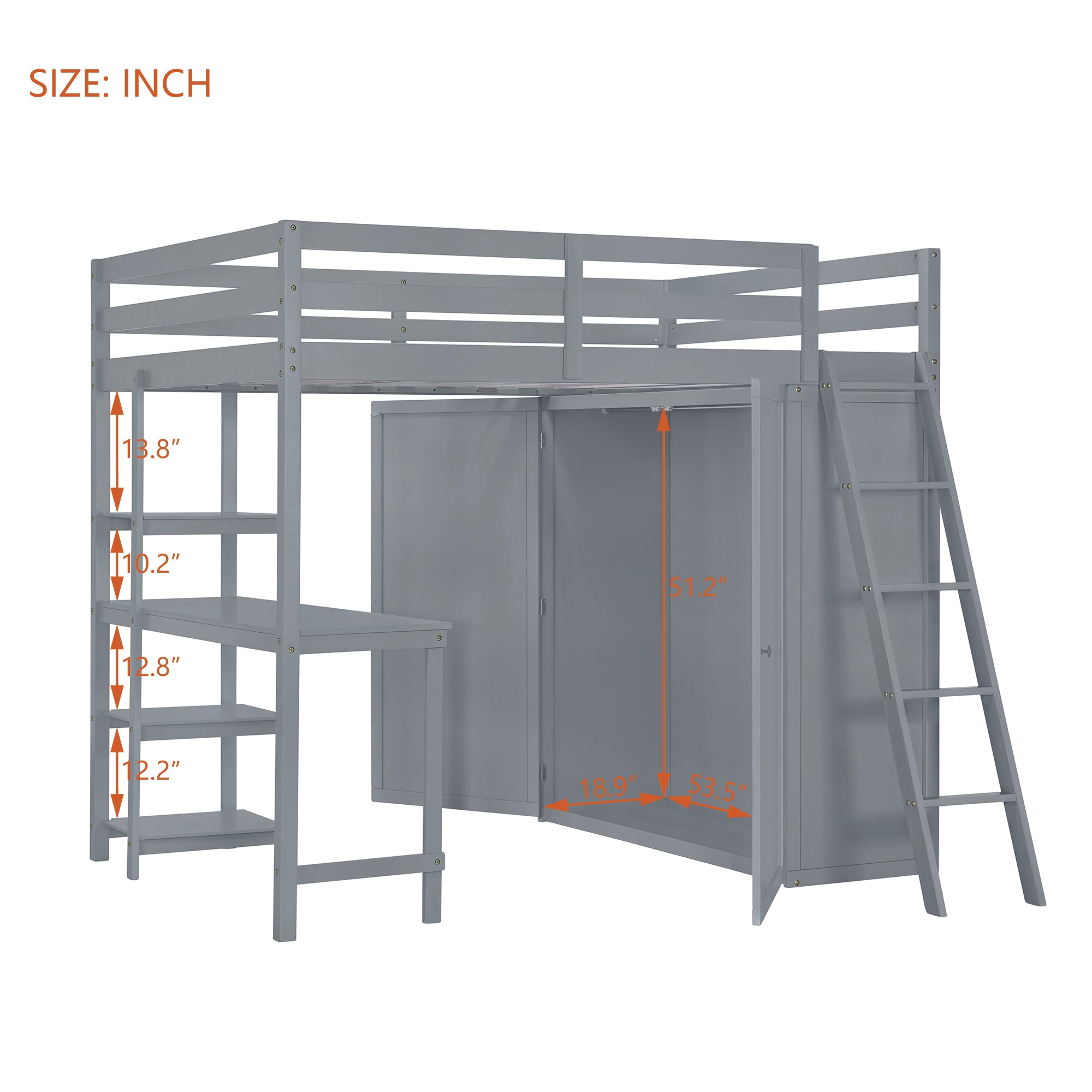 Full Size Loft Bed with Wardrobe and Desk and Shelves, Gray - Atlantic Fine Furniture Melbourne FL