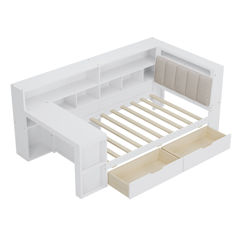 L Shaped Daybed With Desk, Bookcase, Upholstered Headboard, Drawers, And LED Light