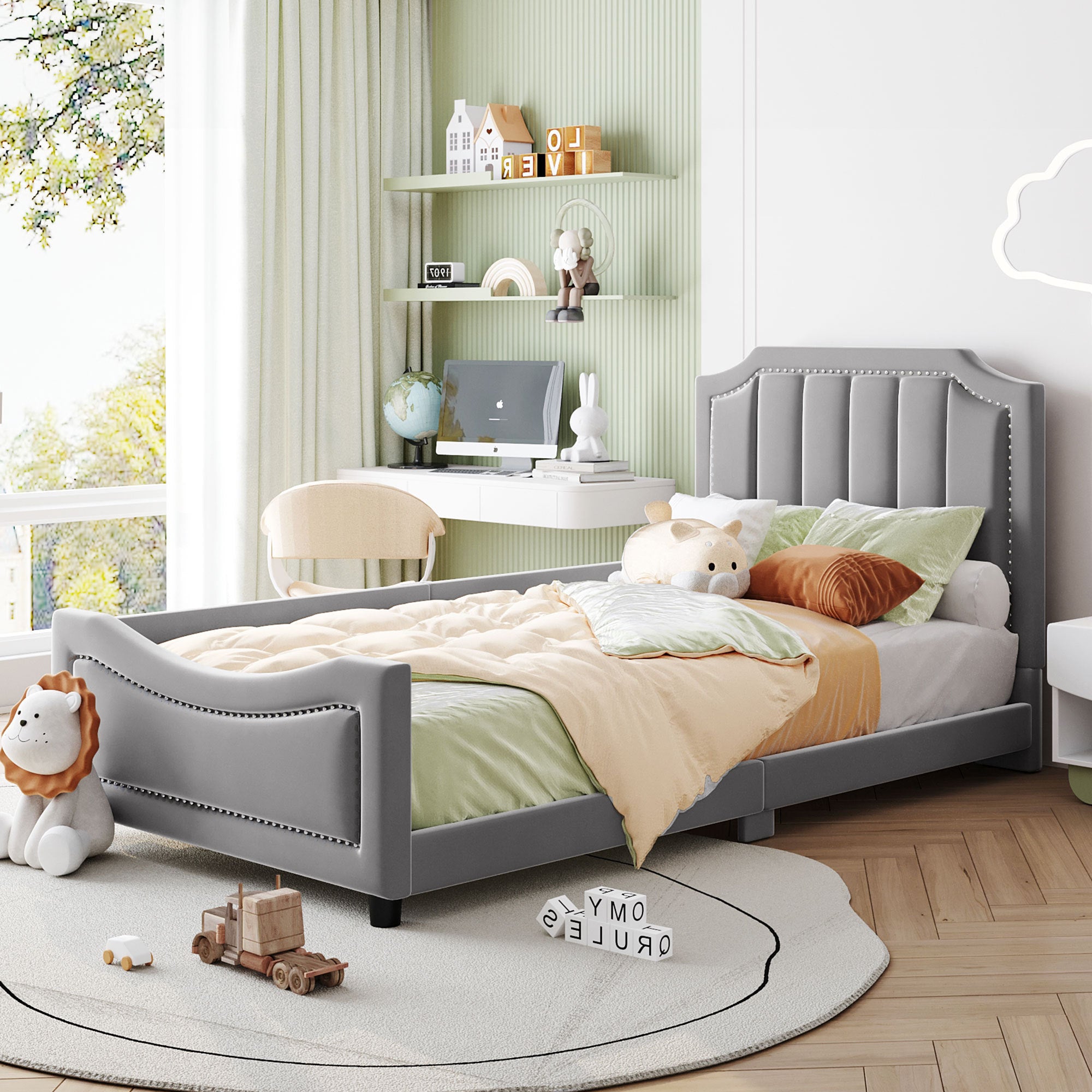 Twin Size Upholstered Daybed with Classic Stripe Shaped  Headboard, Gray - Atlantic Fine Furniture Melbourne FL