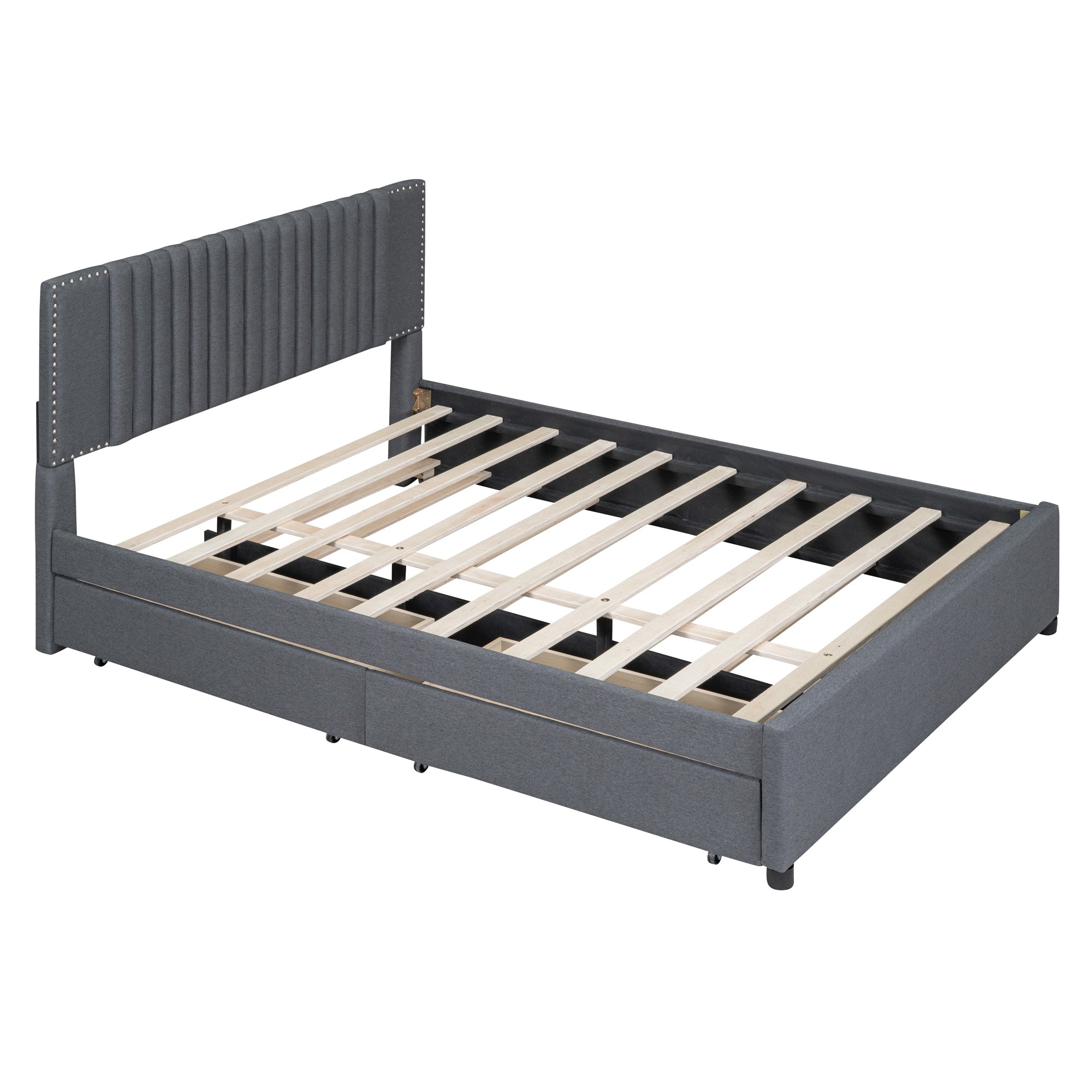 Queen Size Upholstered Platform Bed with 2 Drawers and 1 Twin XL Trundle, Classic Headboard Design, Gray - Atlantic Fine Furniture Melbourne FL