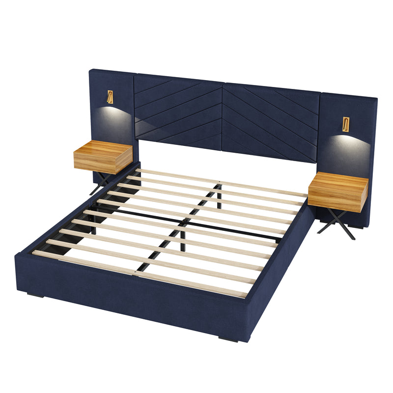 King Size Velvet Bed Frame/Vertical Channel Tufted Wingback Headboard/Upholstered Platform Bed/Strong Wooden Slats/No Box Spring Needed/Easy AssemblyRoyal blue