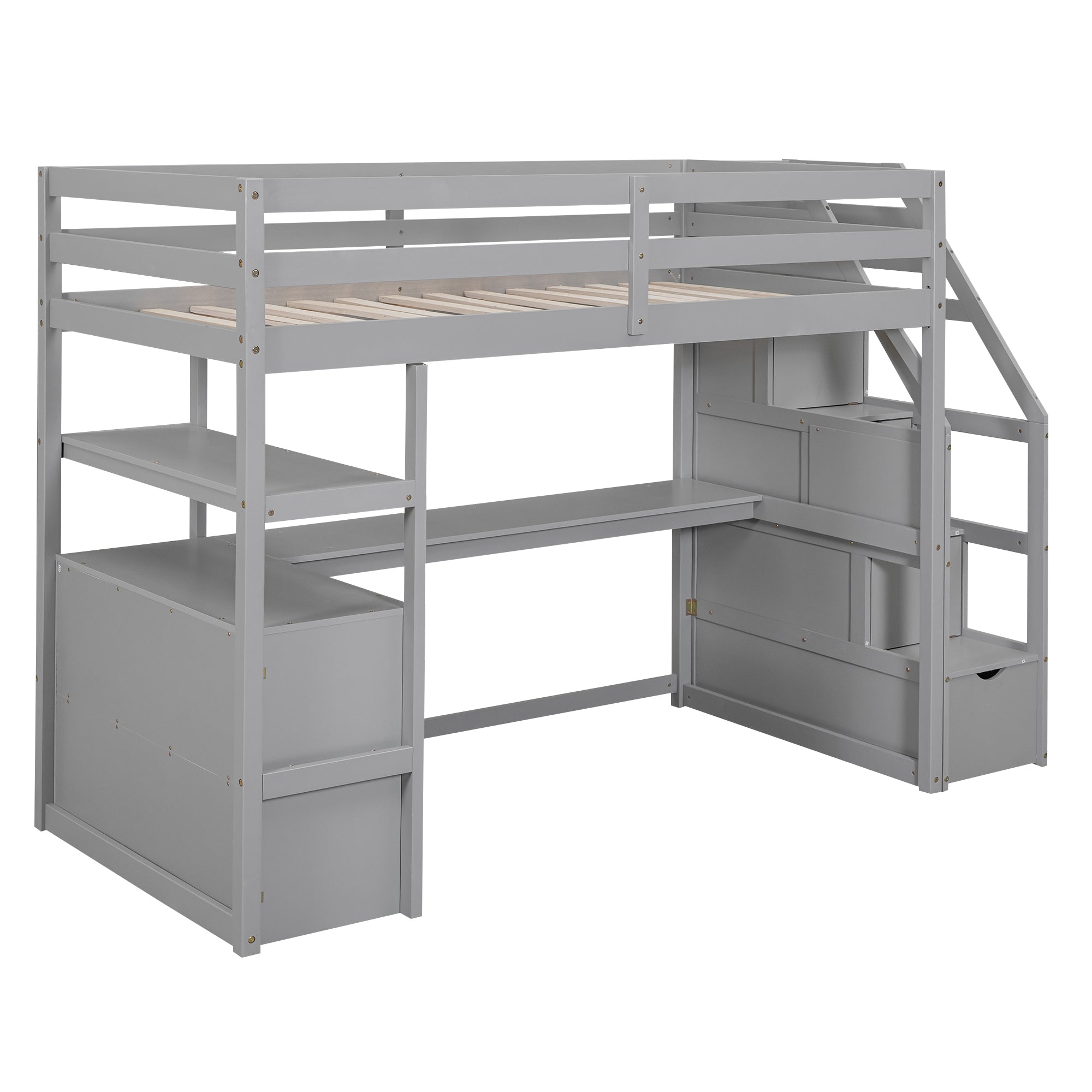 Twin Size Loft Bed with Desk and Shelves, Two Built-in Drawers, Storage Staircase, Gray - Atlantic Fine Furniture Melbourne FL