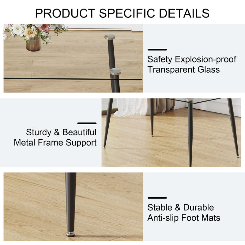 Modern Rectangular Glass Dining Table For 4 - 6 People With Tempered Glass Countertop