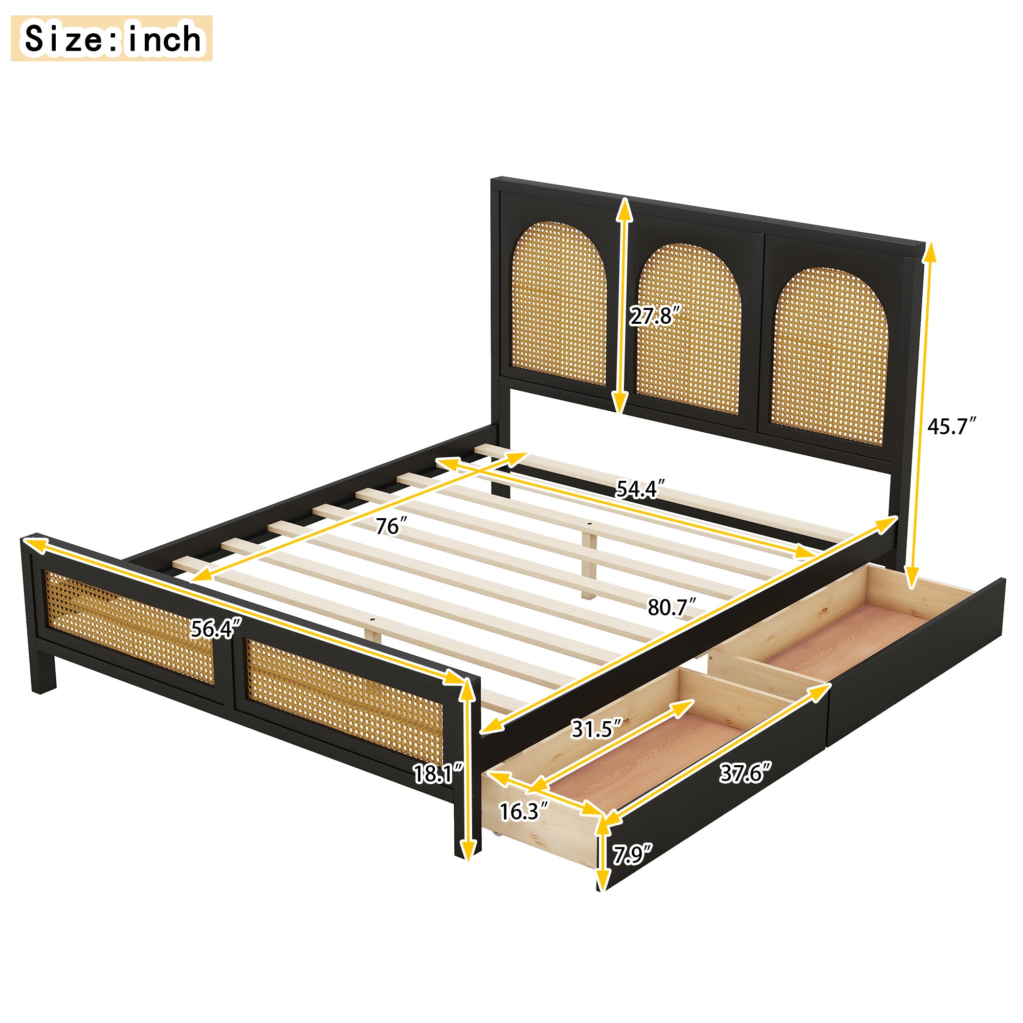 Full Size Wood Storage Platform Bed with 2 Drawers, Rattan Headboard and Footboard, Black - Atlantic Fine Furniture Melbourne FL