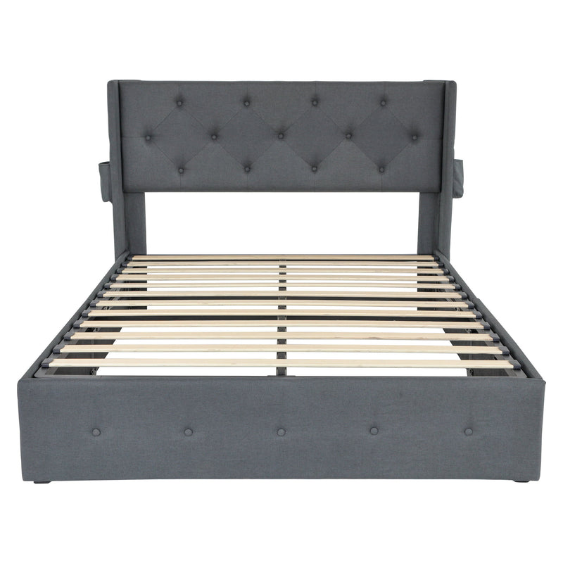 Modern Queen Size Bed Frame With Storage, Wingback Headboard, USB Ports - Dark Gray