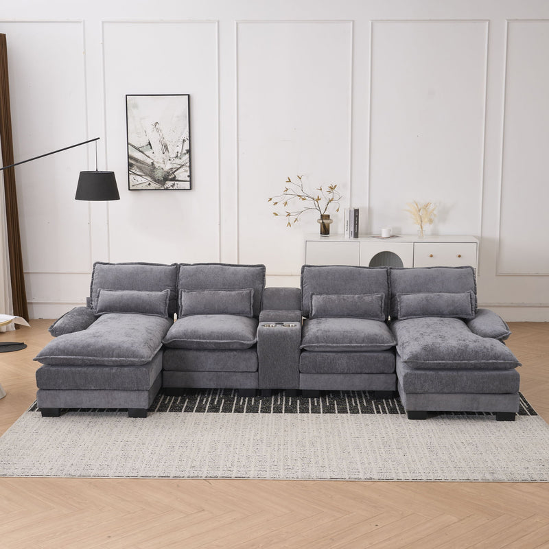 U Shaped Sofa With Console, Cupholders, USB Ports, 6 Seat, Bronzing Suede & Chenille
