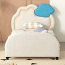 Twin Size Upholstered Platform Bed with Cloud-Shaped Headboard and Embedded Light Stripe, Velvet, Beige