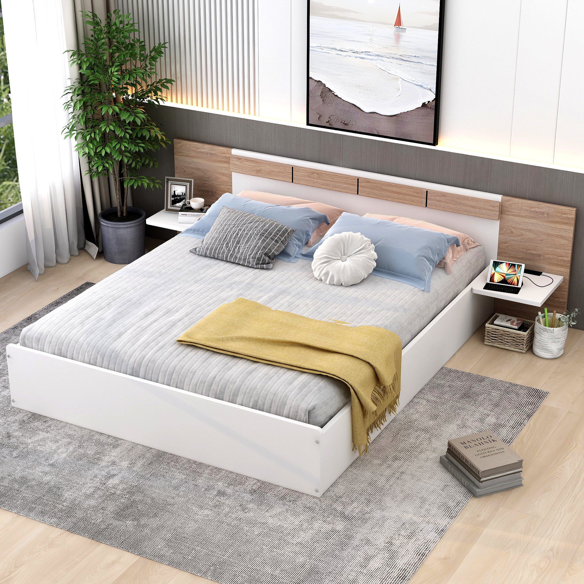 Queen Size Platform Bed with Headboard, Shelves, USB Ports and Sockets, White - Atlantic Fine Furniture Melbourne FL
