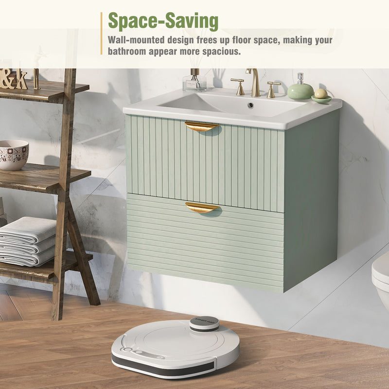 Modern Wall-Mounted Bathroom Vanity With 2 Drawers, Ideal For Small Bathrooms - Green