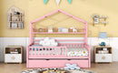 Wooden Full Size House Bed with Twin Size Trundle,Kids Bed with Shelf, Pink