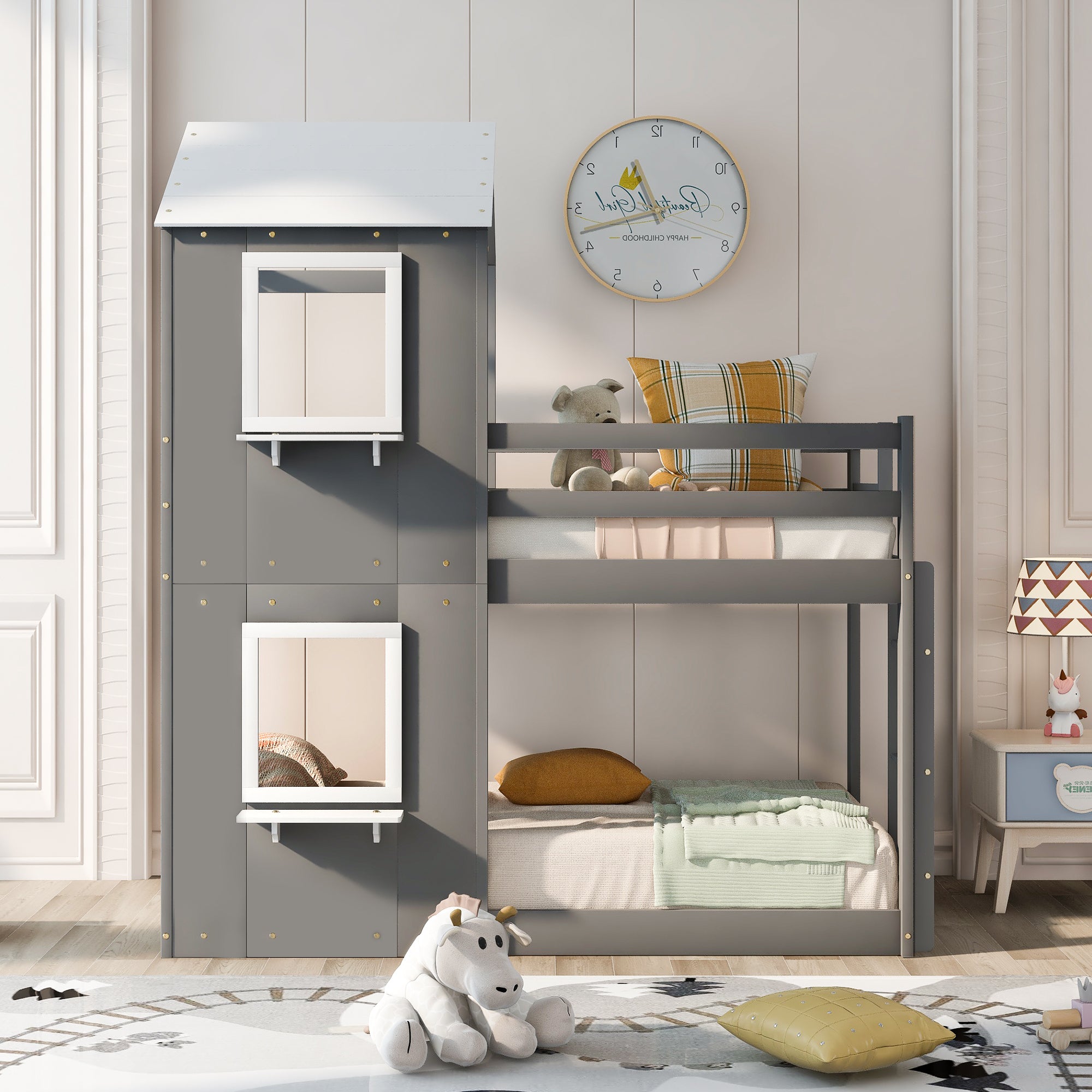 Twin Over Twin Bunk Bed Wood Bed with Roof, Window, Guardrail, Ladder (White) - Atlantic Fine Furniture Melbourne FL