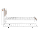 Queen Size Metal Platform Bed Frame with Twin size trundle, Upholstered headboard, Sockets, USB Ports and Slat Support, No Box Spring Needed, White