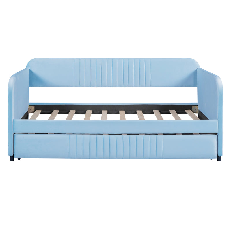 Upholstered Daybed Sofa Bed Twin Size With Trundle Bed and Wood Slat, Light Blue