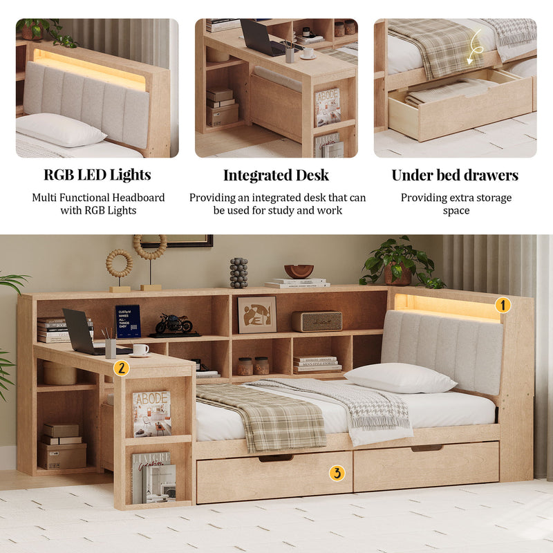L Shaped Daybed With Desk, Bookcase, Upholstered Headboard, Drawers, And LED Light