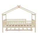 Full Size Wooden House Bed with Twin Size Trundle, Natural
