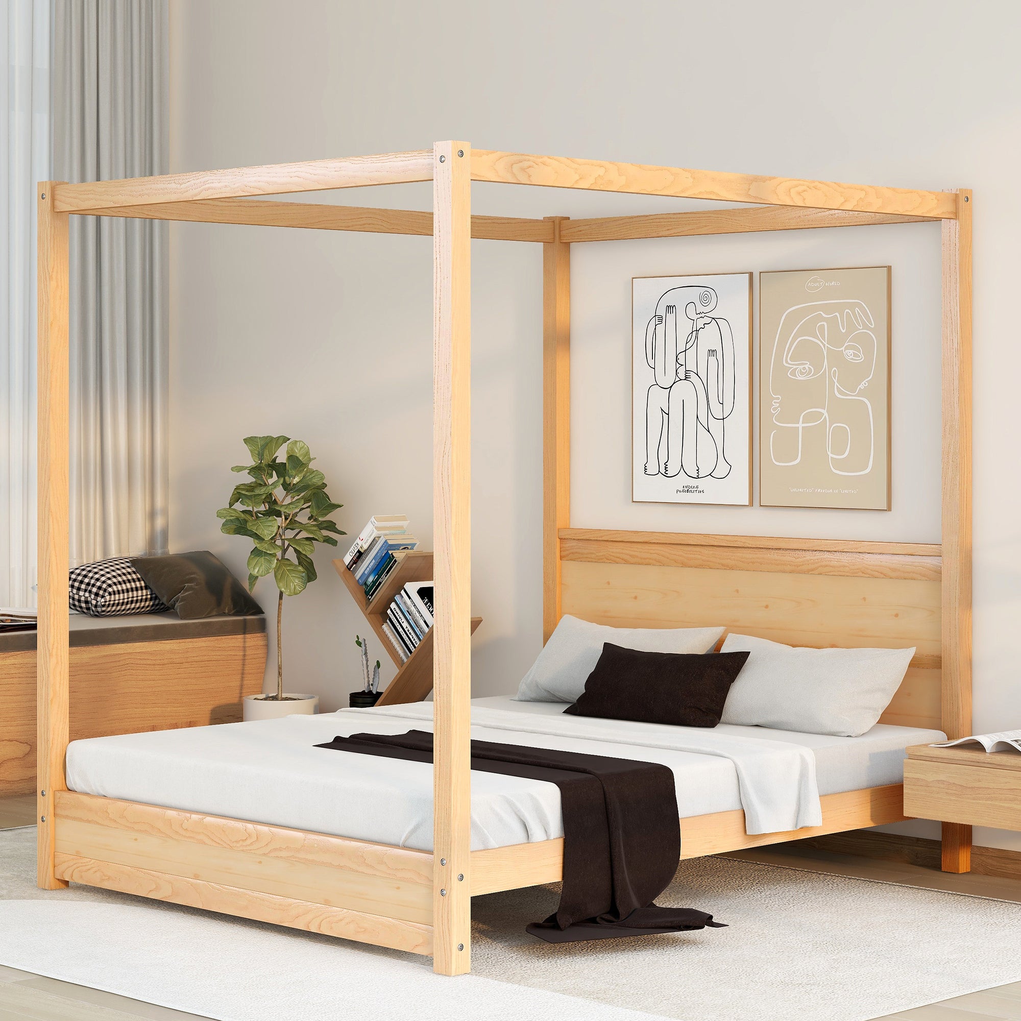 Queen Size Canopy Platform Bed with Headboard and Support Legs,Natural - Atlantic Fine Furniture Melbourne FL