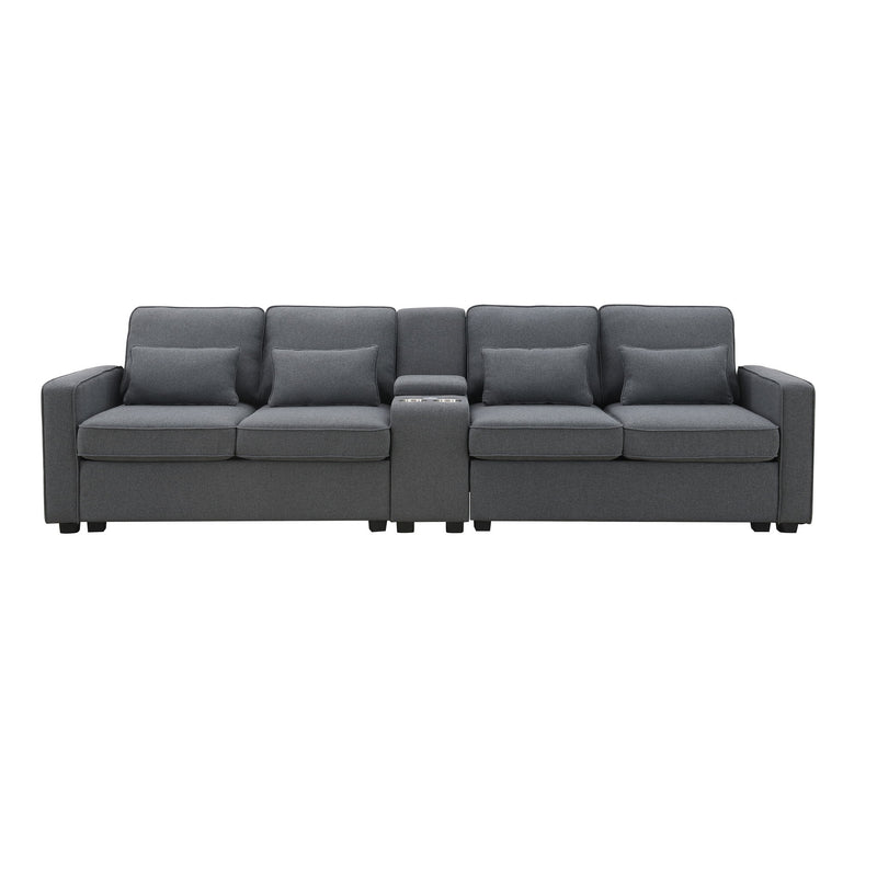 Upholstered Sofa With Console, 2 Cupholders And 2 USB Ports Wired Or Wirelessly Charged, Modern Linen Fabric Couches With 4 Pillows For Living Room, Apartment (4-Seat)