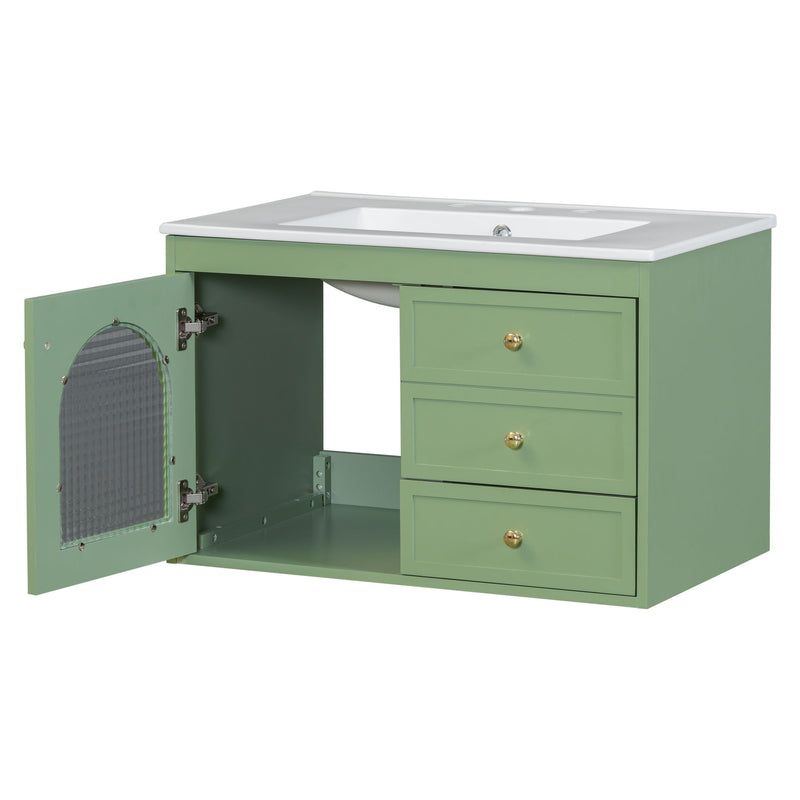 Elegant Floating Bathroom Vanity Sink And Cabinet Combo 1 Door And 2 Drawers - Green