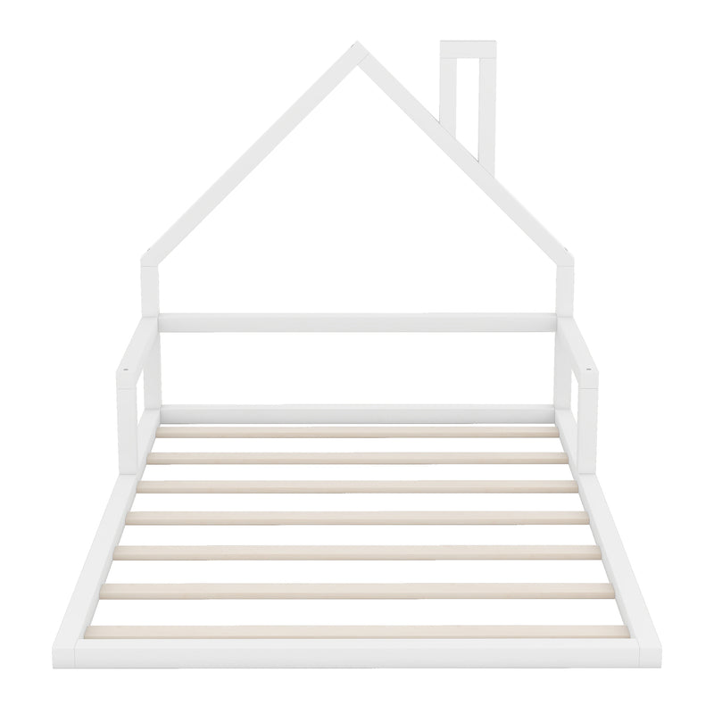 Full Size Wood Floor Bed with House-shaped Headboard, White