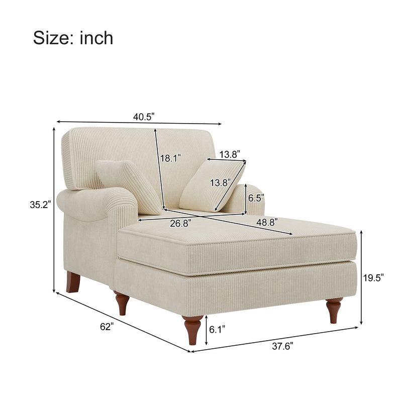 Oversized Chaise Lounge Chair Indoor With 2 Comfy Pillows Rolled Arms Corduroy Fabric Sleeper Sofa Chair For Living Room Bedroom - Beige