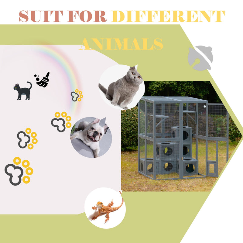 Outdoor Cat House With Shelves And Weather Protection, Removable Wood Boxes - Gray