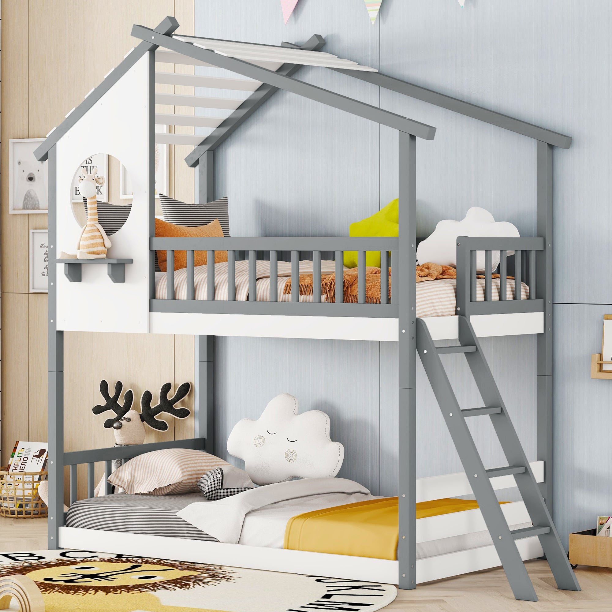Twin Over Twin Bunk Bed Wood Bed with Roof, Window, Ladder,Gray(OLD SKU :LT100008AAE) - Atlantic Fine Furniture Melbourne FL