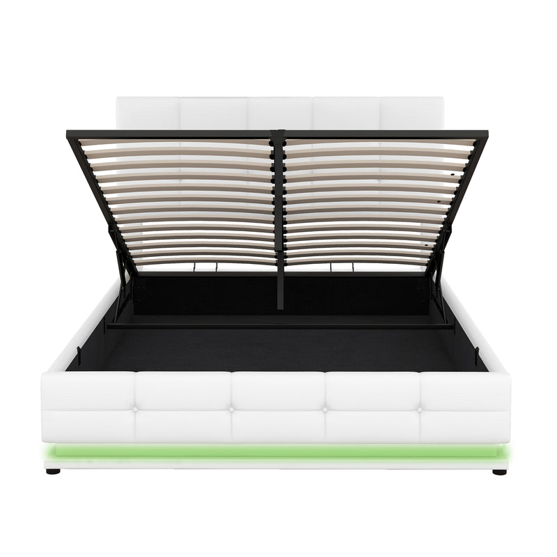Full Size Tufted Upholstered Platform Bed with Hydraulic Storage System,PU Storage Bed with LED Lights and USB charger, White(Expected Arrival Time: 5.15,AT)