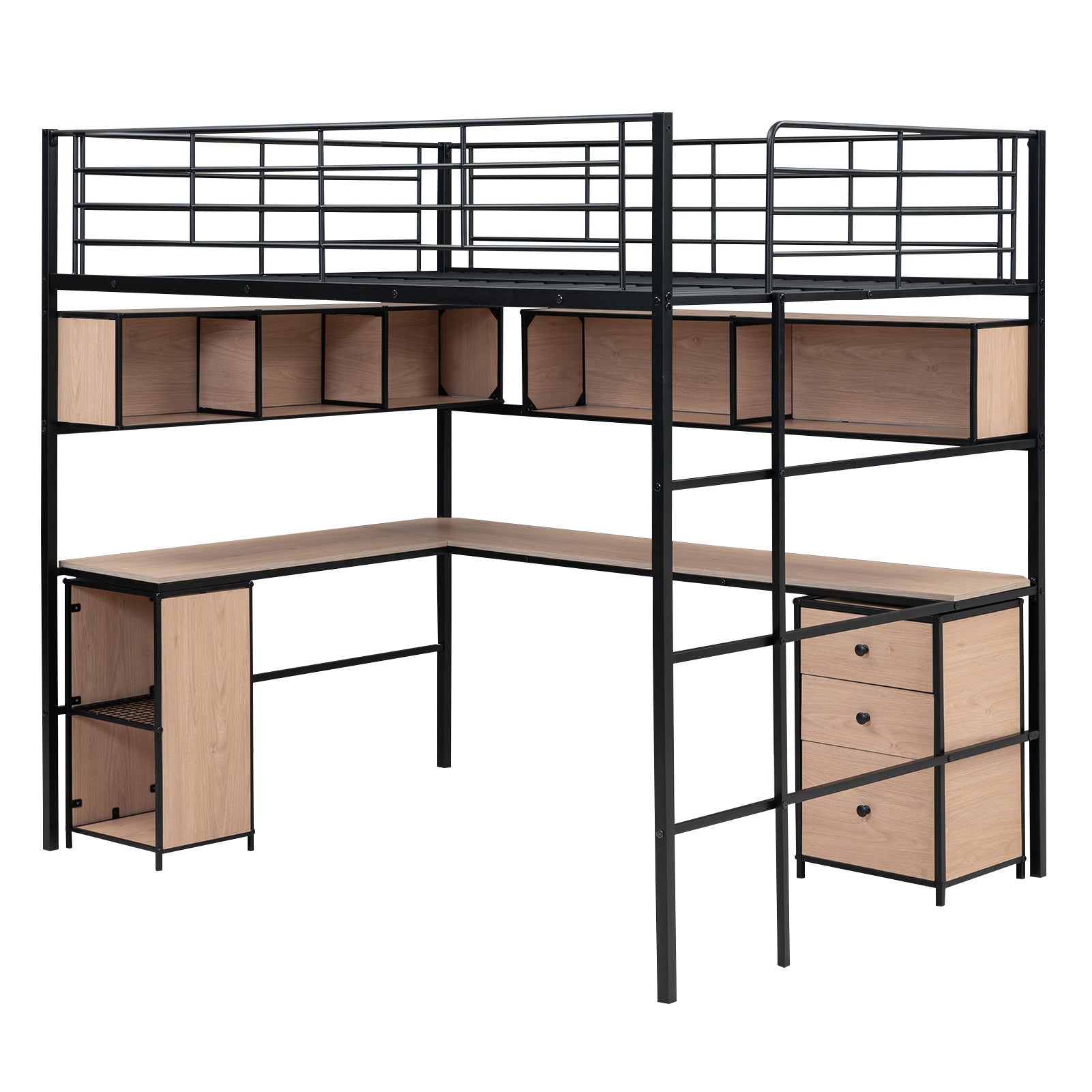 Metal Loft Bed with bookcase, desk and cabinet, Full, Black - Atlantic Fine Furniture Melbourne FL