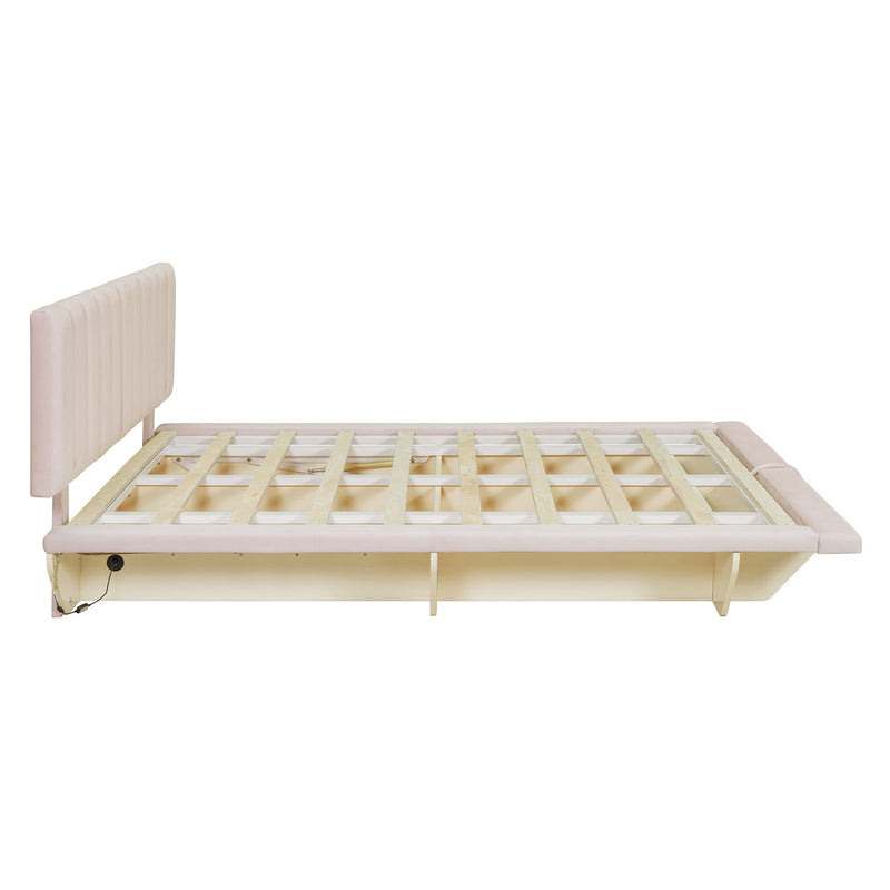 Upholstered Floating Hydrualic Platform Bed With LED Light And USB Port