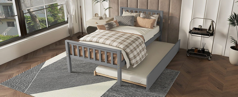 Twin Bed With Trundle, Platform Bed Frame With Headboard And Footboard, For Bedroom Small Living Space, No Box Spring Needed