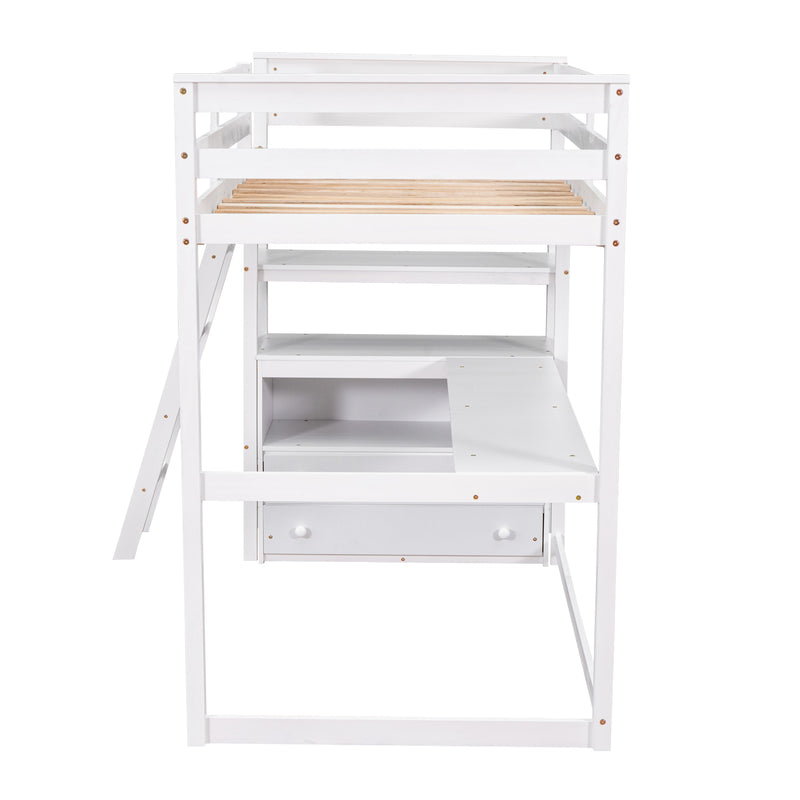 Twin Size Loft Bed with Desk and Shelves, Two Built-in Drawers, White (old SKU: GX000803AAK-1)