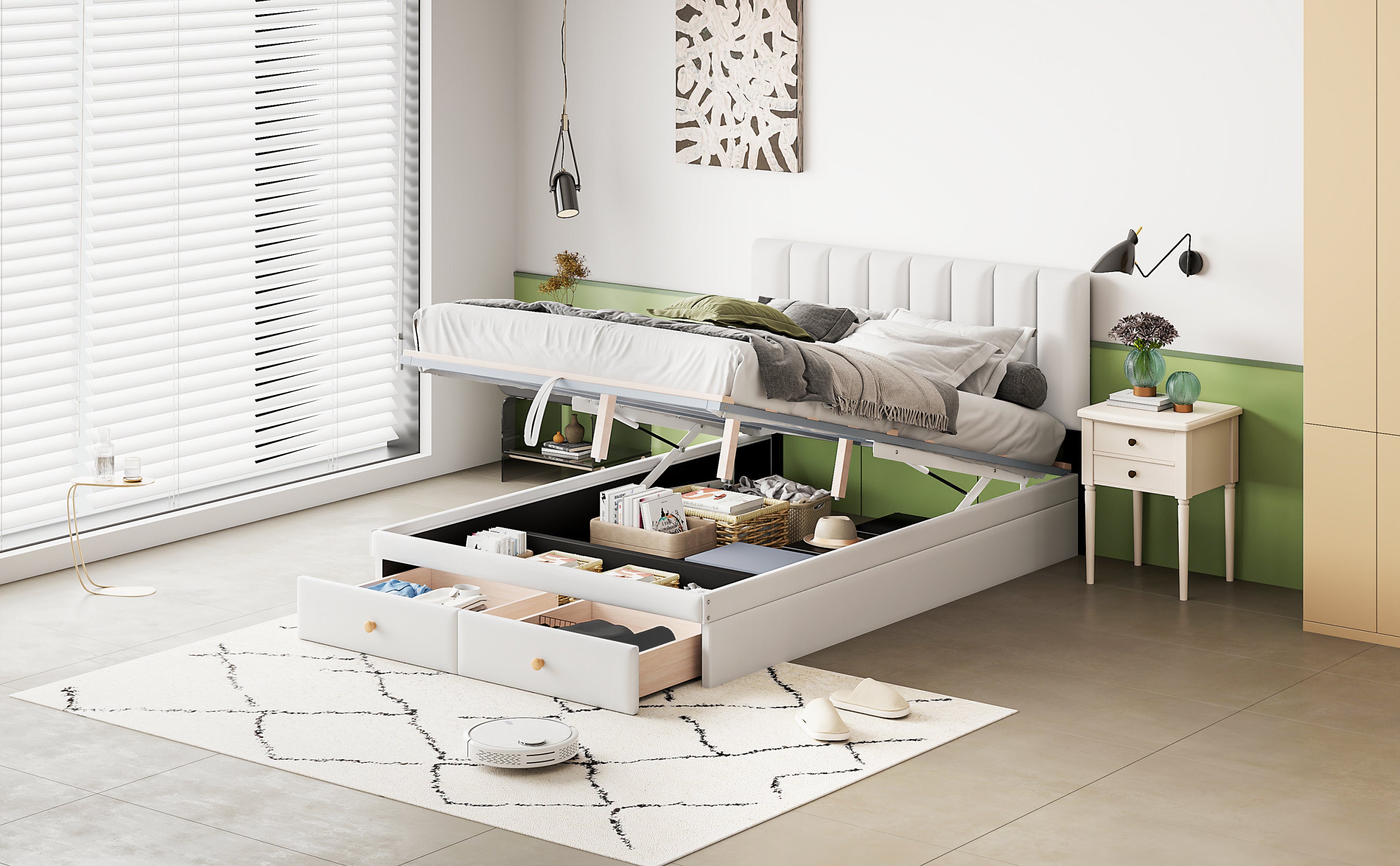 Full Size Upholstered Bed with Hydraulic Storage System and Drawer, White - Atlantic Fine Furniture Melbourne FL