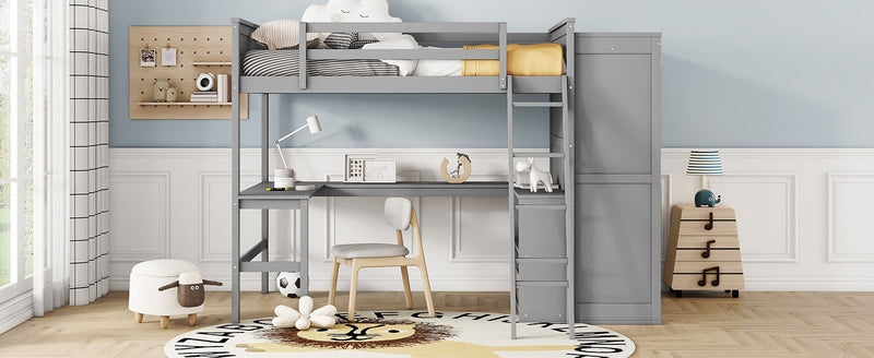 Full Size Loft Bed With Desk, Shelves And Wardrobe - Gray