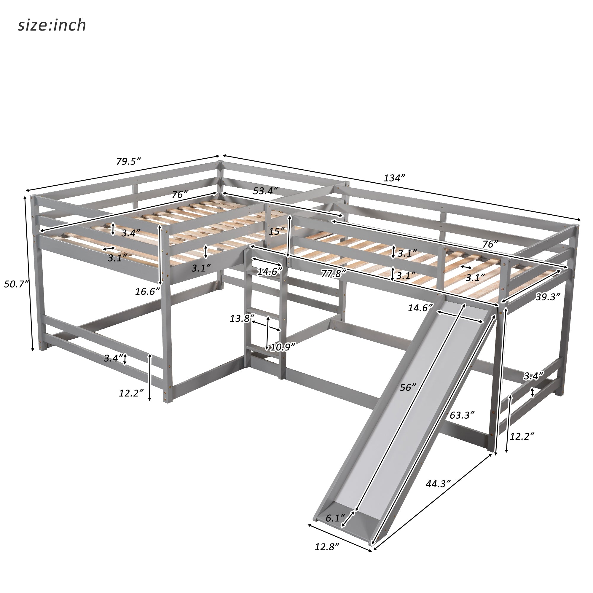 Full and Twin Size L-Shaped Bunk Bed with Slide and Short Ladder,Gray - Atlantic Fine Furniture Melbourne FL