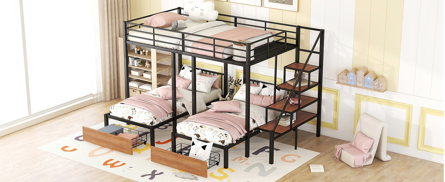 Full over Twin-Twin Triple bunk bed with drawers and staircase, Black - Atlantic Fine Furniture Melbourne FL