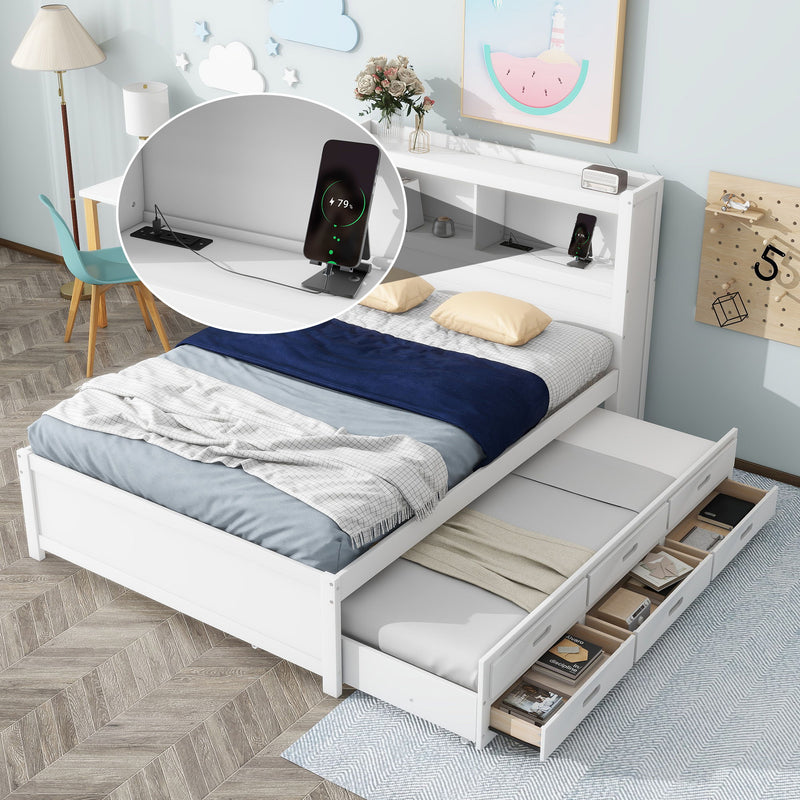 Full Size Platform Bed With Trundle, Drawers, USB Ports And Built In Shelves - White