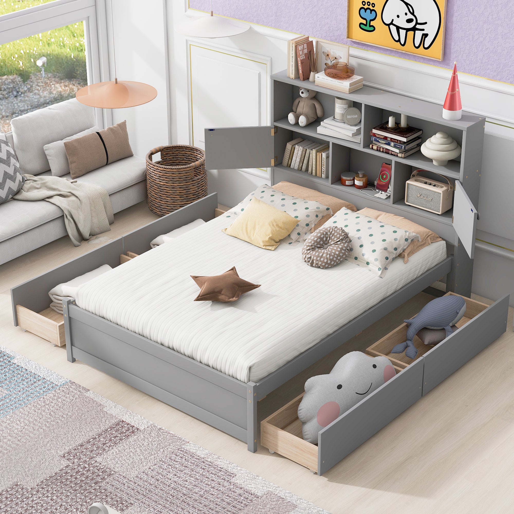 Full Size Platform Bed with Storage Headboard, Charging Station and 4 Drawers, Gray - Atlantic Fine Furniture Melbourne FL