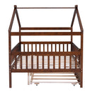 Full Size Wooden House Bed with Twin Size Trundle, Walnut
