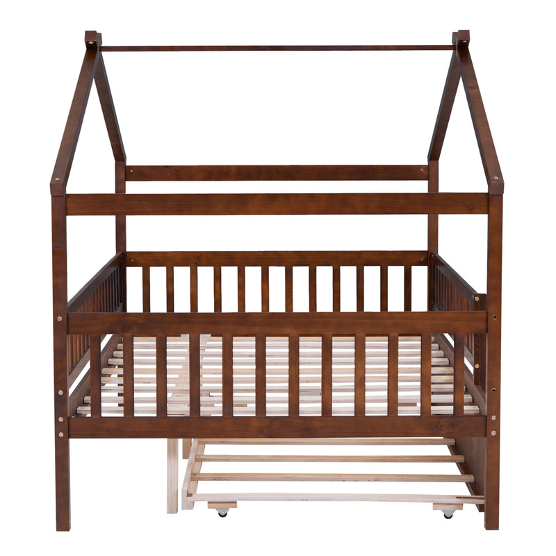 Full Size Wooden House Bed with Twin Size Trundle, Walnut