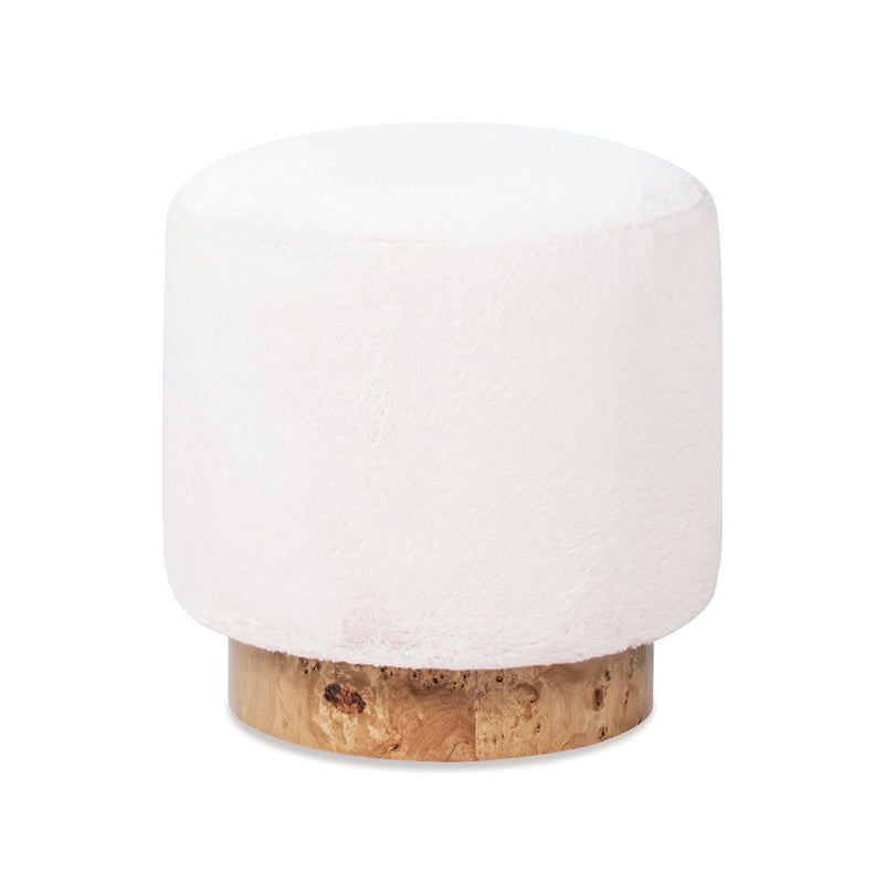 Tilly - Round Fur Upholstered / Burl Pouf Ottoman - White