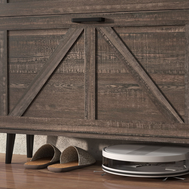 Farmhouse Shoe Storage Cabinet With Barn Door Design, 2 Flip Drawers, Hooks - Dark Oak