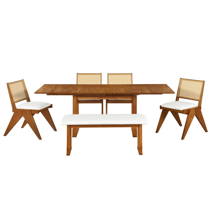 6 Piece Extendable Dining Table Set With 4 Wicker Back Upholstered Dining Chairs And Long Bench, 2 Removable Leaf