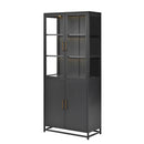 Modern Style Tall Steel Display Cabinet With Double Glass Doors, LED Lights