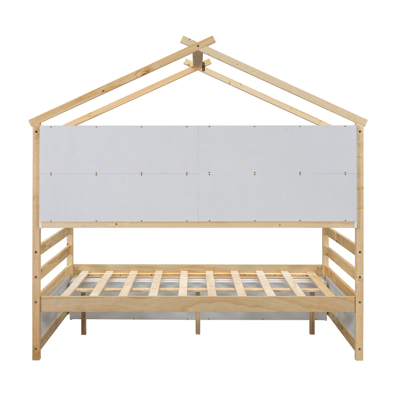 Full House Bed with Roof Frame, Bedside-shelves, Under Bed Storage Unit,Natural