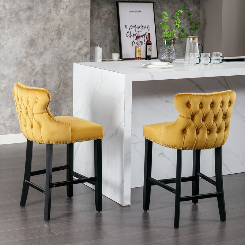 Contemporary Velvet Upholstered Wing-Back Barstools With Button Tufted Decoration And Wooden Legs, And Chrome Nailhead Trim, Leisure Style Bar Chairs, Bar Stools (Set of 2)