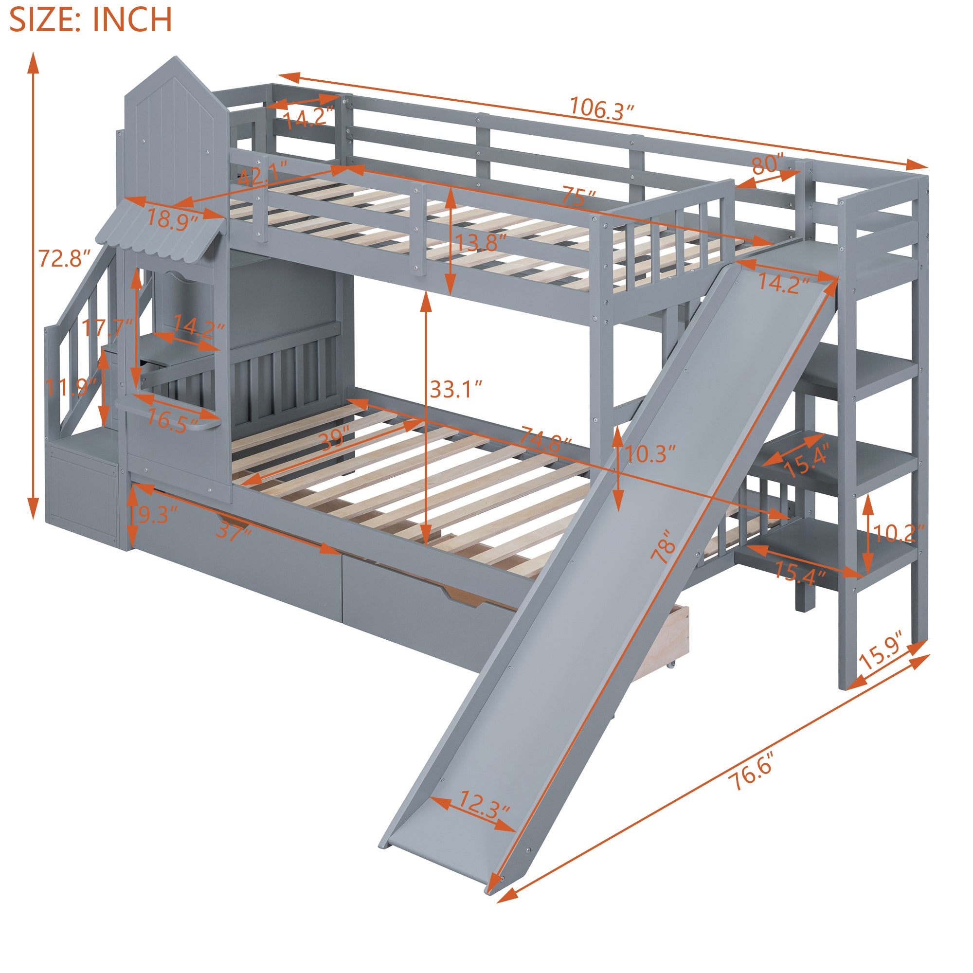 Twin-Over-Twin Castle Style Bunk Bed with 2 Drawers 3 Shelves and Slide - Gray - Atlantic Fine Furniture Melbourne FL